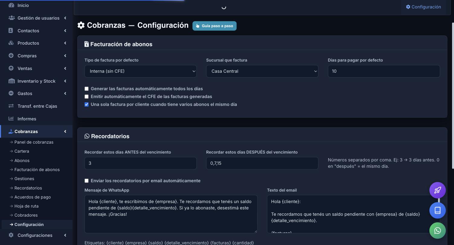 Configuración de Cobranzas