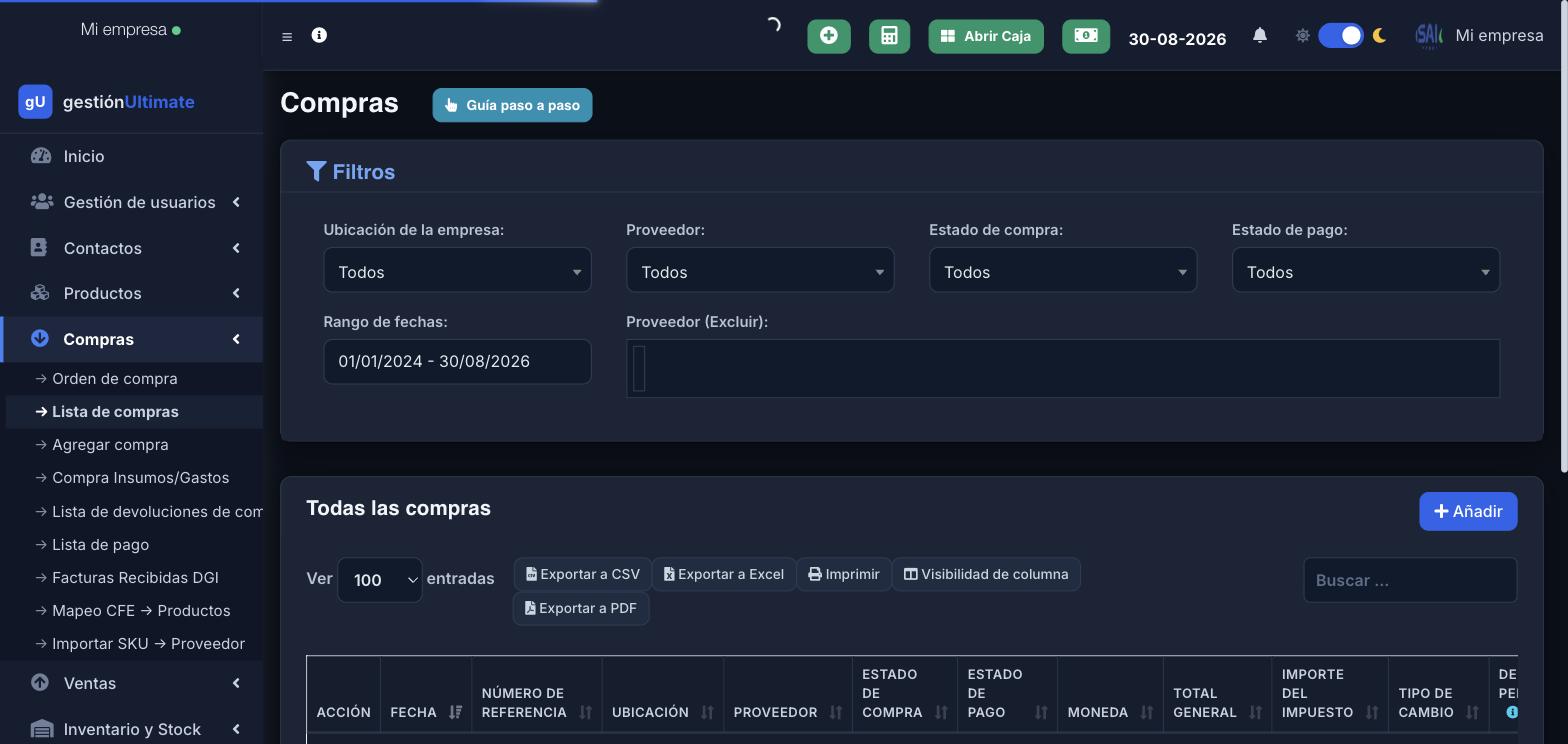Módulo Compras: filtros, listado y accesos (agregar compra, devoluciones, facturas DGI).
