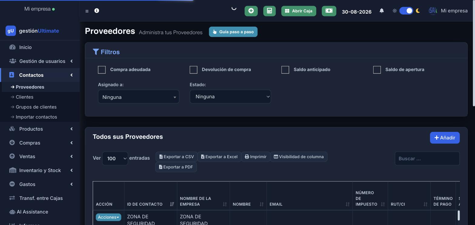Pantalla de Proveedores: filtros por deuda/estado y listado con saldos.