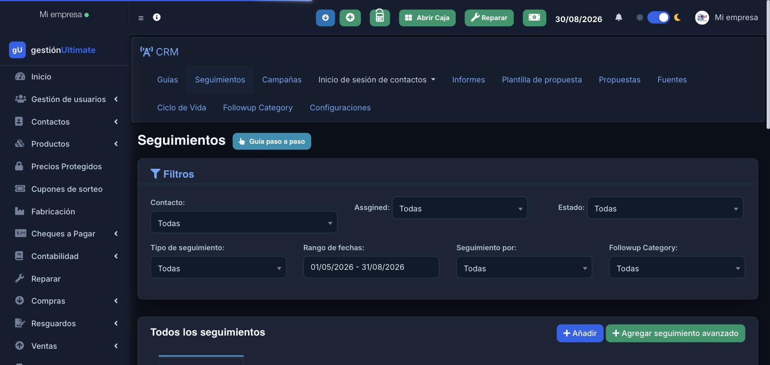 CRM · Seguimientos: filtros y gestión de follow-ups, campañas y propuestas.