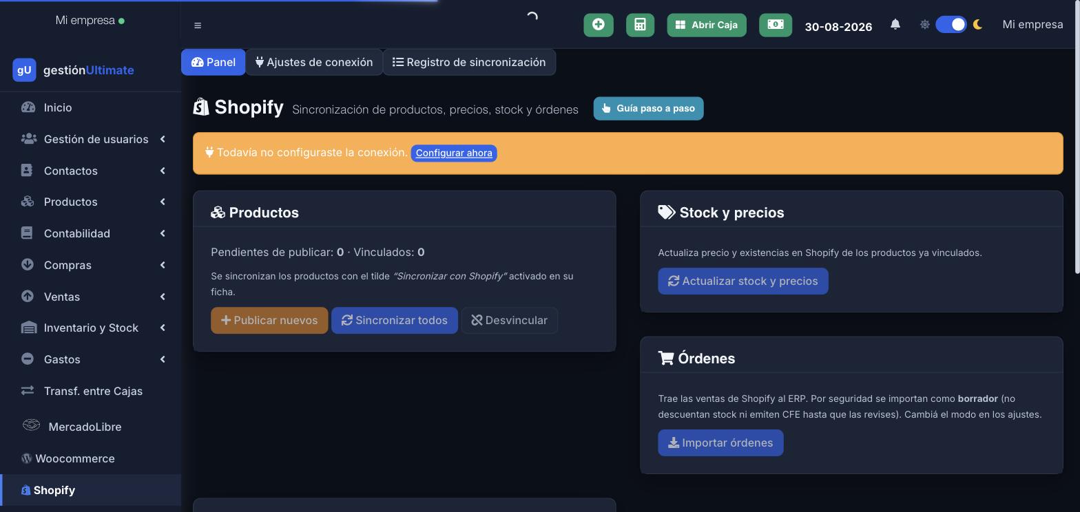 Panel de Shopify: productos, stock y precios, e importación de órdenes.