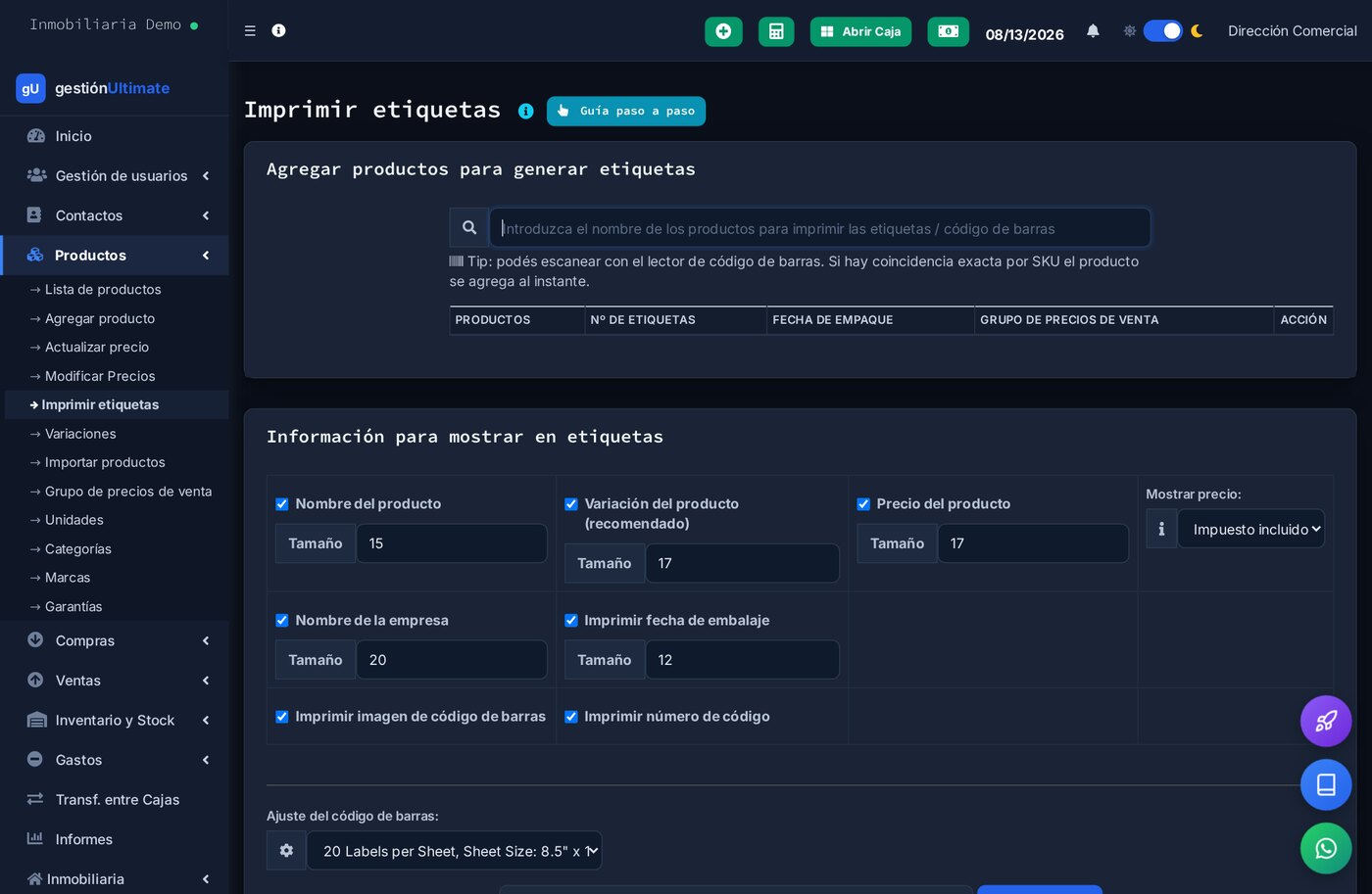 Impresión de etiquetas y códigos de barras
