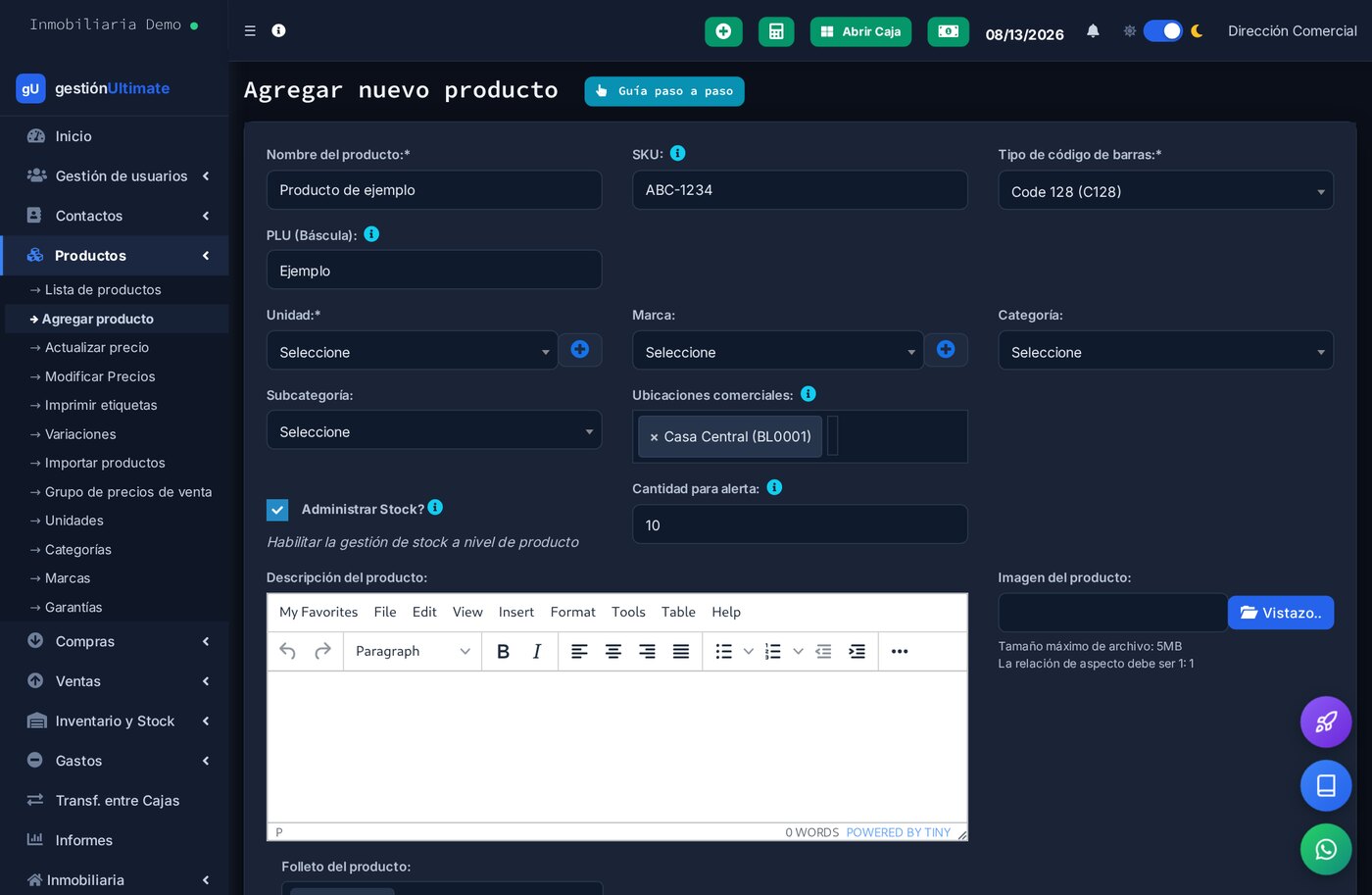 Formulario de alta de producto