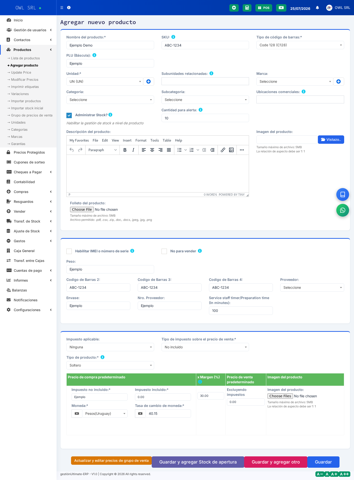 Formulario de alta de producto